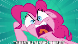 Size: 1280x720 | Tagged: safe, edit, edited screencap, imported from derpibooru, screencap, pinkie pie, earth pony, pinkie pride, angry, faic, food, pinkie pie is not amused, pretzel, seinfeld, thirsty, unamused, yelling, youtube link
