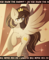 Size: 1800x2200 | Tagged: safe, artist:miryelis, imported from derpibooru, oc, oc only, oc:prince whateverer, pegasus, pony, crown, flying, jewelry, looking at you, poster, regalia, smiling, smiling at you, solo, song reference, text