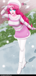 Size: 479x1000 | Tagged: safe, artist:clouddg, imported from derpibooru, pinkie pie, equestria girls, boots, breasts, busty pinkie pie, clothes, female, hat, high heel boots, looking at you, multiple variants, open mouth, questionable source, shirt, shoes, skirt, smiling, smiling at you, snow, snowfall, socks, solo, stockings, striped sweater, sweater, thigh highs