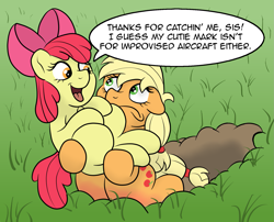 Size: 1823x1475 | Tagged: safe, artist:doodledonutart, imported from derpibooru, apple bloom, applejack, earth pony, pony, apple sisters, blank flank, catching, comic, dialogue, female, filly, floppy ears, grass, mare, open mouth, open smile, siblings, sisters, smiling, speech bubble