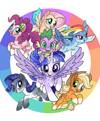 Size: 494x600 | Tagged: safe, artist:cactiflowers, imported from derpibooru, applejack, fluttershy, pinkie pie, rainbow dash, rarity, spike, twilight sparkle, alicorn, hybrid, pony, alternate design, color wheel, female, mane seven, mane six, twilight sparkle (alicorn)