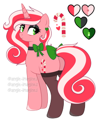 Size: 2524x3076 | Tagged: safe, artist:angie imagines, imported from derpibooru, oc, oc only, oc:peppy revvy, pony, unicorn, bags under eyes, bow, butt, candy, candy cane, choker, clothes, ear piercing, earring, eyeshadow, female, food, heart, high res, jewelry, makeup, mare, multicolored hair, piercing, plot, reference sheet, simple background, socks, solo, stockings, thigh highs, transparent background