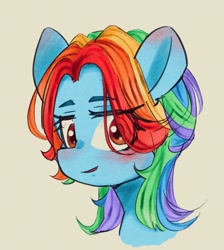 Size: 1212x1352 | Tagged: safe, artist:h2o_omz, imported from derpibooru, rainbow dash, pegasus, pony, alternate hairstyle, blushing, bust, ear blush, eye clipping through hair, eyebrows, female, mare, multicolored hair, multicolored mane, palindrome get, portrait, rainbow hair, simple background, solo, wrong eye color