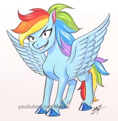 Size: 907x934 | Tagged: safe, artist:meiyu, imported from derpibooru, part of a set, rainbow dash, pegasus, pony, alternate design, anime, fairy tail, style emulation, traditional art, watermark
