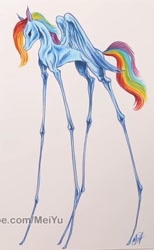 Size: 634x1031 | Tagged: safe, artist:meiyu, imported from derpibooru, part of a set, rainbow dash, pegasus, pony, alternate design, creepy, impossibly long legs, salvador dalí, style emulation, traditional art, watermark