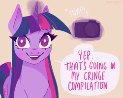 Size: 1280x1024 | Tagged: safe, artist:overthemaginot, imported from derpibooru, twilight sparkle, pony, unicorn, camera, cringe compilation, dialogue, dock, double mane, eyebrows, eyelashes, female, glowing, glowing horn, horn, levitation, magic, mare, offscreen character, open mouth, open smile, pov, reaction image, signature, smiling, solo, speech bubble, tail, telekinesis, unicorn twilight, white pupils
