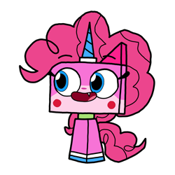 Size: 1280x1281 | Tagged: safe, artist:chanyhuman, imported from derpibooru, pinkie pie, clothes, cosplay, costume, crossover, description, description is relevant, dressup, lego, link in description, petition, reference, simple background, solo, the lego movie, the lego movie 2: the second part, transparent background, unikitty, unikitty!, vector, wig
