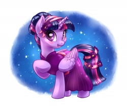 Size: 2048x1707 | Tagged: safe, artist:whitediamonds, imported from derpibooru, twilight sparkle, alicorn, pony, alternate hairstyle, clothes, cute, dress, female, flower, flower in hair, folded wings, look who's back, mare, smiling, solo, twiabetes, twilight sparkle (alicorn), wings