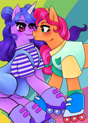 Size: 3000x4200 | Tagged: safe, artist:reallycoykoifish, imported from derpibooru, izzy moonbow, sunny starscout, earth pony, pony, unicorn, spoiler:my little pony: a new generation, female, g5, izzyscout, kissing, lesbian, mare, my little pony: a new generation, rainbow, shipping, skating