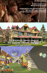 Size: 700x1073 | Tagged: safe, edit, edited screencap, imported from derpibooru, screencap, discord, discordant harmony, fiddler on the roof, stairs, text, winchester house, winchester mansion, winchester mystery house, winchester mystery mansion