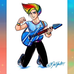 Size: 640x640 | Tagged: safe, artist:meiyu, artist:meiyuart, imported from derpibooru, rainbow dash, human, converse, electric guitar, guitar, humanized, kneeling, musical instrument, rainbow blitz, rule 63, shoes, solo, traditional art