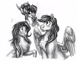 Size: 2674x2130 | Tagged: safe, artist:lupiarts, imported from derpibooru, oc, oc only, earth pony, pegasus, pony, unicorn, chest fluff, high res, mistletoe, traditional art