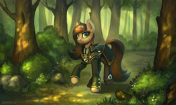 Size: 1600x960 | Tagged: safe, artist:asimos, imported from derpibooru, oc, oc only, earth pony, pony, clothes, commission, earth pony oc, female, forest, grass, green eyes, mare, raised hoof, rock, scenery, solo, tree, walking