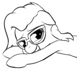 Size: 359x323 | Tagged: safe, artist:wenni, fluttershy, pony, alternate mane style, floppy ears, glasses, lying down, monochrome, open mouth, simple background