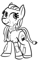 Size: 479x731 | Tagged: safe, artist:wenni, oc, oc only, earth pony, pony, robot, monochrome, plug, simple background, smiling