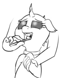 Size: 666x792 | Tagged: safe, artist:wenni, changeling, human, brushing teeth, floppy ears, holding hooves, monochrome, open mouth, simple background, smiling, toothbrush