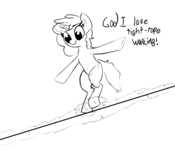 Size: 724x614 | Tagged: safe, artist:wenni, oc, oc only, pony, unicorn, bipedal, magic, monochrome, simple background, smiling, tightrope