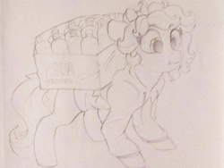 Size: 712x534 | Tagged: safe, artist:dimfann, oc, oc only, earth pony, pony, carrying, clothes, frown, monochrome, simple background, water bottle