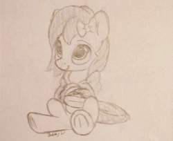 Size: 698x569 | Tagged: safe, artist:bobby d, oc, oc only, earth pony, pony, bow, clothes, jacket, monochrome, sitting, smiling