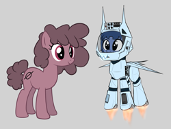 Size: 861x649 | Tagged: safe, artist:wenni, oc, oc only, earth pony, pony, flying, mech suit, rocket, simple background, smiling