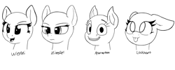 Size: 1333x531 | Tagged: safe, artist:wenni, oc, oc only, pony, floppy ears, monochrome, open mouth, simple background, smiling, style emulation, tongue out