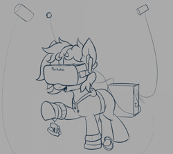 Size: 900x798 | Tagged: safe, artist:wenni, oc, oc only, oc:wenny, earth pony, pony, clothes, monochrome, open mouth, raised hoof, simple background, smiling, virtual reality, vr headset