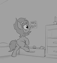 Size: 739x818 | Tagged: safe, artist:wenni, oc, oc only, oc:whinny, pony, bed, bedroom, bow, calendar, candle, drawer, monochrome, mouth hold