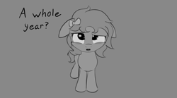 Size: 900x502 | Tagged: safe, artist:wenni, oc, oc only, oc:whinny, earth pony, pony, bow, floppy ears, impatient, monochrome, simple background