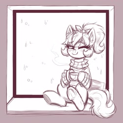 Size: 4000x4000 | Tagged: safe, artist:confetticakez, rainy day, oc, oc only, earth pony, pony, bow, clothes, cozy, cup, fangs, food, monochrome, one eye closed, rain, sitting, smiling, steam, sweater, tea, teacup, window