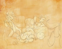 Size: 2862x2274 | Tagged: safe, artist:anotherdeadrat, flam, flim, rainbow dash, pegasus, pony, unicorn, apple, barrel, bowtie, broom, cider, clothes, confused, cup, drunk, facial hair, flim flam brothers, food, keg, monochrome, moustache, mug, running, shirt, spread wings, wings