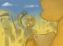 Size: 1800x1310 | Tagged: safe, artist:anotherdeadrat, earth pony, pony, celebration, clothes, cloud, cyrillic, happy, hat, male, newspaper, poster, russian, scythe, shirt, smiling, stallion