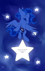 Size: 1529x2408 | Tagged: safe, artist:anotherdeadrat, princess luna, alicorn, pony, bipedal, eyes closed, smiling, space, stars, walking