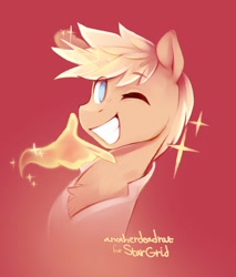 Size: 1700x2000 | Tagged: safe, artist:anotherdeadrat, twinkles, oc, oc only, pony, unicorn, hand, magic, magic hands, male, simple background, smiling, stallion