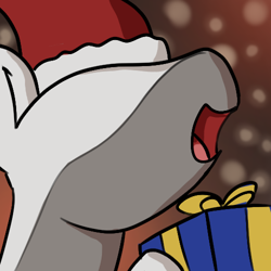 Size: 500x500 | Tagged: safe, artist:andromailus, oc, oc only, original species, plane pony, pony, predator drone, christmas, hat, holiday, open mouth, plane, plane ponies, present, santa hat, snow, snowfall, solo