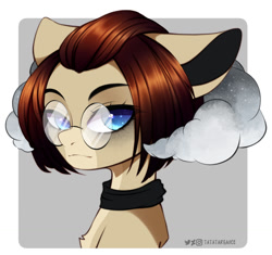 Size: 1500x1408 | Tagged: safe, artist:shavurrr, imported from derpibooru, oc, oc only, pony, abstract background, bangs, big ears, blue eyes, brown mane, bust, chest fluff, clothes, cloud, colored pupils, commission, eyebrows, eyelashes, floppy ears, glasses, looking at you, oc name needed, out of frame, portrait, round glasses, shirtless shirt collar, signature, solo, two toned coat