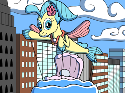 Size: 1280x953 | Tagged: safe, artist:sergeant16bit, imported from derpibooru, princess skystar, seapony (g4), my little pony: the movie, balloon, city, cityscape, clam, cloud, inanimate tf, parade balloon, parade float, pearl, string, transformation