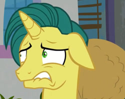 Size: 639x505 | Tagged: safe, imported from derpibooru, screencap, dandy dispatch, pony, unicorn, season 9, the ending of the end, ears back, gritted teeth, loot bag, male, scared, shrunken pupils, stallion, teeth, worried