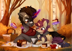 Size: 4096x2955 | Tagged: safe, artist:sofiko-ko, imported from derpibooru, king sombra, oc, oc:lavrushka, pony, unicorn, basket, book, cake, chest fluff, food, forest, leaves, picnic, smiling, tongue out, tree