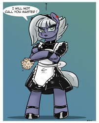 Size: 1742x2152 | Tagged: safe, artist:n-o-n, imported from derpibooru, limestone pie, earth pony, pony, bipedal, bubble, clothes, crossed arms, dress, duster, female, frilly, grumpy, latex, maid, mare, master, shoes, solo, talking