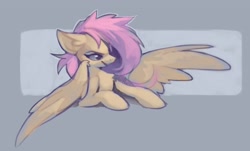 Size: 2288x1378 | Tagged: safe, artist:hioshiru, imported from derpibooru, fluttershy, pegasus, pony, ear fluff, female, lying down, mare, messy mane, prone, smiling, smirk, solo, spread wings, wing fluff, wings