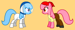 Size: 1027x413 | Tagged: safe, artist:sweetiebellegirl56, imported from derpibooru, oc, oc:mary janes, oc:willie janes, earth pony, pony, astronaut, bandana, black shoes, boots, clothes, costume, cute, duo, eye contact, female, g4, helmet, looking at each other, mare, marybetes, orange background, pants, pirate, pirate boots, shirt, shoes, simple background, smiling, space helmet, spacesuit, williebetes, yellow shirt