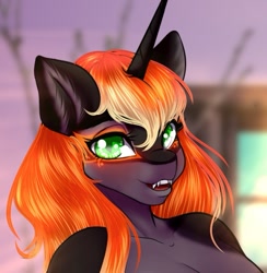 Size: 605x621 | Tagged: safe, artist:littlebird, imported from derpibooru, oc, oc only, oc:night chaser, anthro, unicorn, alternate universe, anthro oc, blushing, glowing, glowing coat markings, horn, icon, looking at you, male, open mouth, open smile, profile picture, smiling, smiling at you, solo, unicorn oc