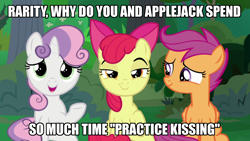 Size: 1920x1080 | Tagged: safe, edit, edited screencap, imported from derpibooru, screencap, apple bloom, scootaloo, sweetie belle, earth pony, pegasus, pony, unicorn, the big mac question, caption, cutie mark crusaders, female, filly, image macro, implied applejack, implied lesbian, implied rarijack, implied rarity, implied shipping, text, trio, trio female