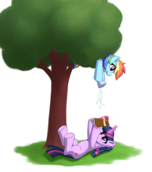 Size: 1936x2189 | Tagged: safe, artist:mercurysparkle, imported from derpibooru, rainbow dash, twilight sparkle, pegasus, pony, unicorn, book, bucket, chest fluff, cup, cute, duo, ear fluff, female, fluffy, grass, grin, hoof hold, legs in air, lying down, magic, mare, on back, partial background, prank, rainbow douche, reading, simple background, smiling, telekinesis, this will end in tears, tree, tree branch, twiabetes, underhoof, unicorn twilight, water, white background