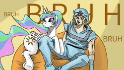 Size: 2560x1440 | Tagged: safe, artist:chopchopguy, imported from derpibooru, princess celestia, alicorn, human, pony, bruh, crossover, duo, human and pony, johnny joestar, jojo's bizarre adventure, steel ball run