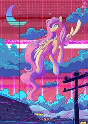 Size: 848x1200 | Tagged: safe, artist:wavecipher, imported from derpibooru, fluttershy, pegasus, pony, aesthetics, city, cute, daaaaaaaaaaaw, databending, error, female, flying, glitch, mare, moon, night, power line, shyabetes, sky, solo, stars, white pupils