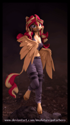 Size: 2160x3840 | Tagged: safe, artist:imafutureguitarhero, imported from derpibooru, sunset shimmer, alicorn, anthro, harpy, hybrid, monster pony, original species, unguligrade anthro, 3d, 4k, absurd file size, alicornified, animated, barehoof, belly button, border, cargo pants, clothes, cloven hooves, colored eyebrows, colored eyelashes, dirt, ear piercing, earring, female, floppy ears, high res, hooves, horn, jewelry, leg wraps, leonine tail, long hair, long mane, loop, mare, multicolored hair, multicolored mane, multicolored tail, no sound, nose wrinkle, one leg raised, pants, perfect loop, piercing, race swap, revamped anthros, revamped ponies, rock, smiling, source filmmaker, tail, tanktop, text, turnaround, unshorn fetlocks, vertical, wall of tags, watermark, webm, wing arms, wings