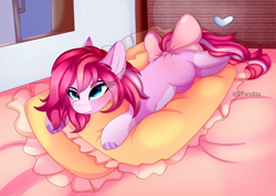 Size: 4850x3450 | Tagged: safe, artist:2pandita, imported from derpibooru, oc, oc only, earth pony, pony, bow, female, lying down, mare, pillow, prone, solo, tail, tail bow