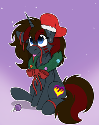 Size: 1744x2208 | Tagged: safe, alternate version, artist:rokosmith26, imported from derpibooru, oc, oc only, oc:charcoal rose, pony, unicorn, alternate character, bow, cheek fluff, chest fluff, christmas, christmas stocking, christmas wreath, commission, female, floppy ears, gradient background, holiday, horn, looking up, mare, markings, one ear down, raised hoof, ribbon, simple background, sitting, smiling, solo, sweat, sweatdrop, tail, tongue out, unicorn horn, unicorn oc, wreath, ych result