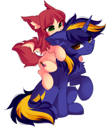 Size: 1878x2257 | Tagged: safe, artist:airiniblock, imported from derpibooru, oc, oc only, oc:airi, oc:vajr, bat pony, pony, unicorn, derpibooru community collaboration, 2022 community collab, bat pony oc, biting, couple, duo, ear bite, female, horn, love, male, nom, oc x oc, rcf community, shipping, simple background, straight, transparent background, unicorn oc, vairi